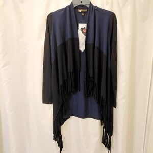 NWT XS Serena Williams Navy and Black Fringe Open-Front lightweight Stretch Poly